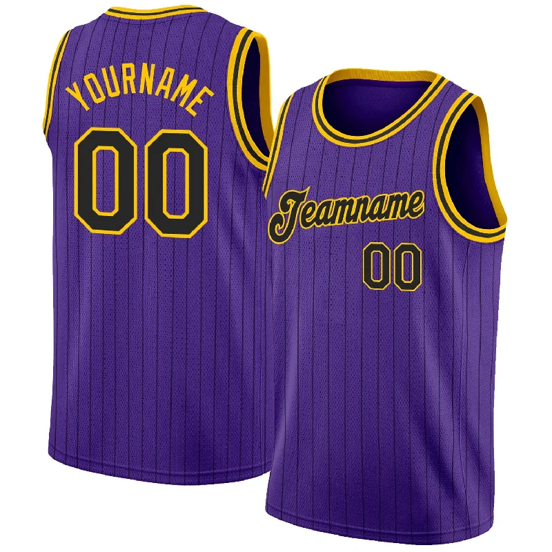 Custom Purple Black Pinstripe Black-Gold Authentic Basketball Jersey