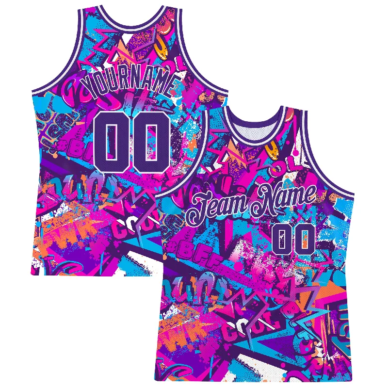 Custom Graffiti Pattern Purple-White 3D Words Authentic Basketball Jersey