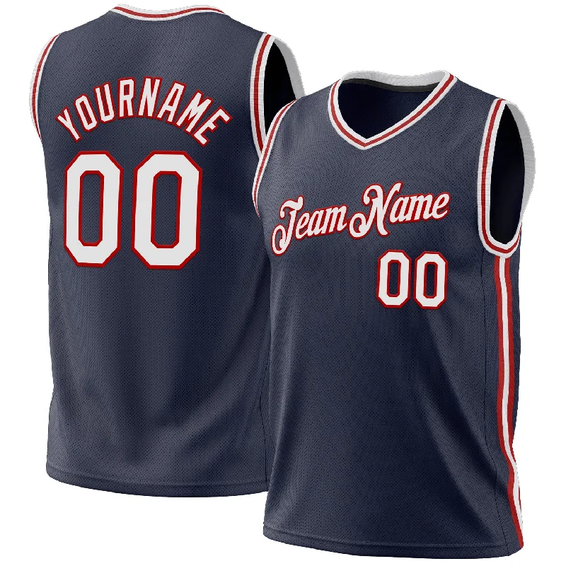 Custom Navy White-Red Authentic Throwback Basketball Jersey