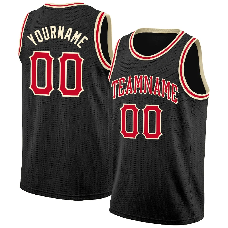 Custom Black Red-Cream Round Neck Rib-Knit Basketball Jersey