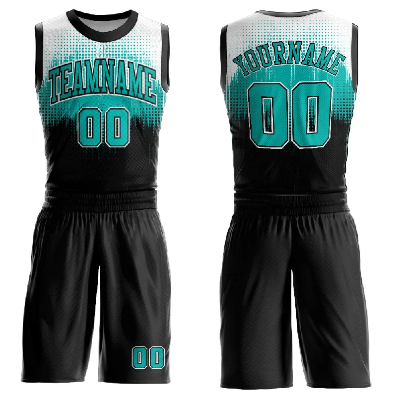 Custom Black Aqua-White Round Neck Sublimation Basketball Suit Jersey