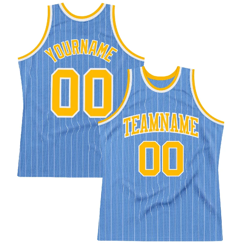 Custom Light Blue White Pinstripe Gold Authentic Basketball Jersey