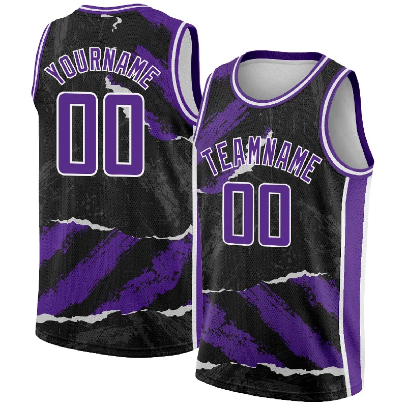 Custom Black Purple-White 3D Pattern Design Torn Paper Style Authentic Basketball Jersey