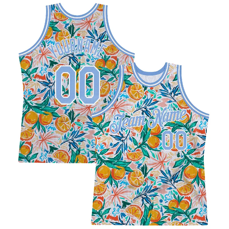 Custom White Light Blue-White 3D Pattern Design Oranges Authentic Basketball Jersey