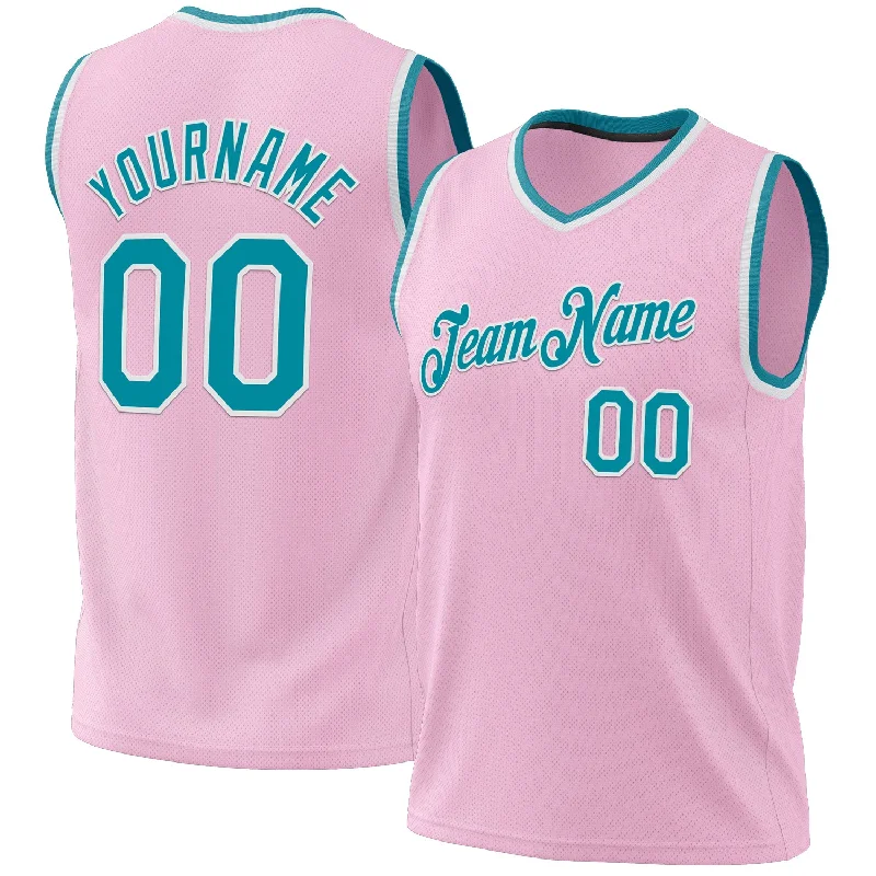 Custom Light Pink Teal-White Authentic Throwback Basketball Jersey