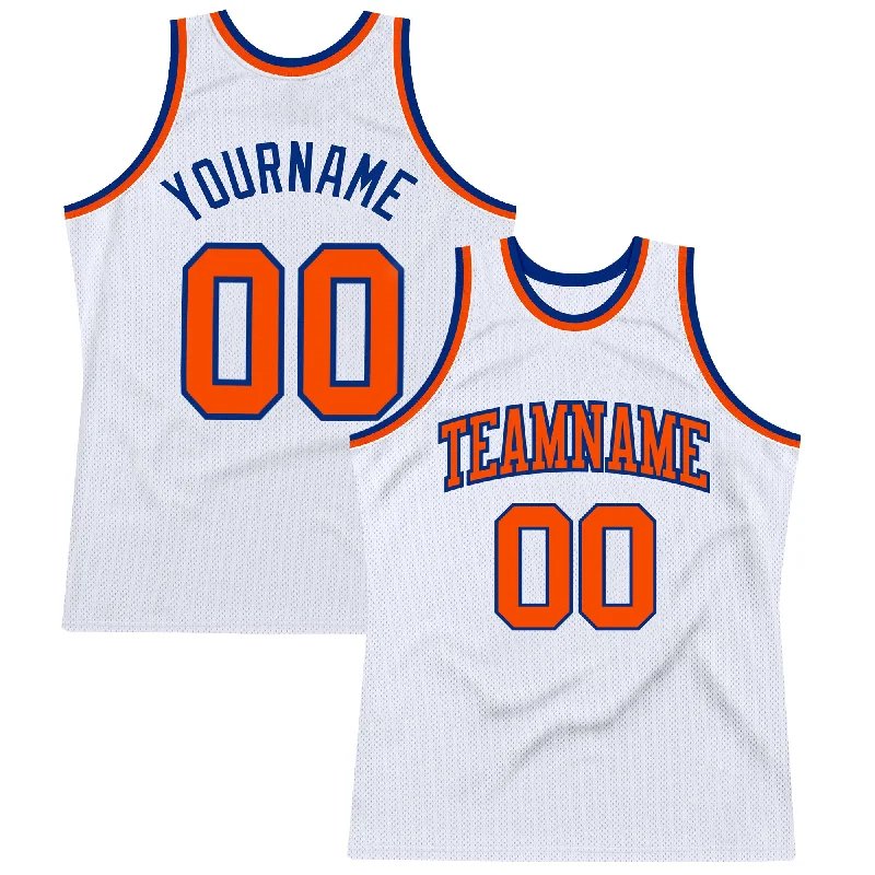 Custom White Orange-Royal Authentic Throwback Basketball Jersey