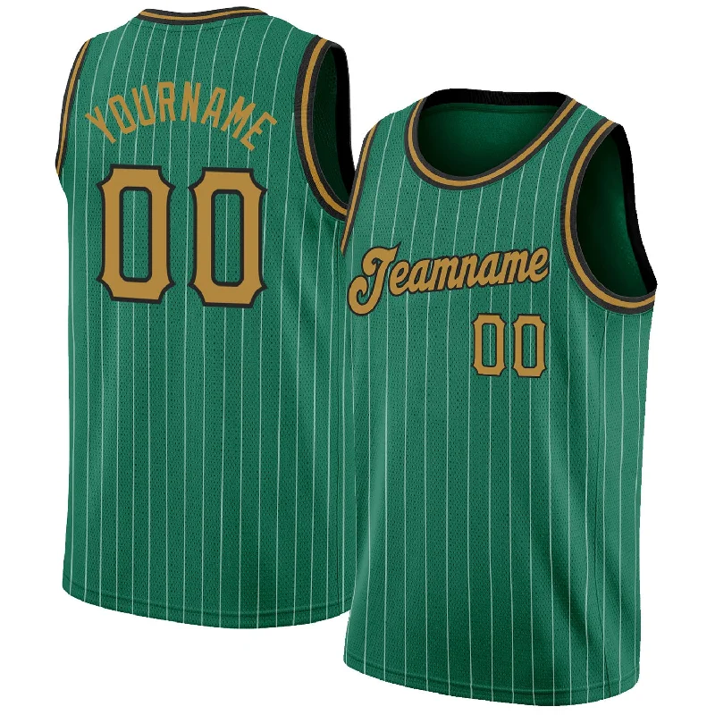 Custom Kelly Green White Pinstripe Old Gold-Black Authentic Basketball Jersey