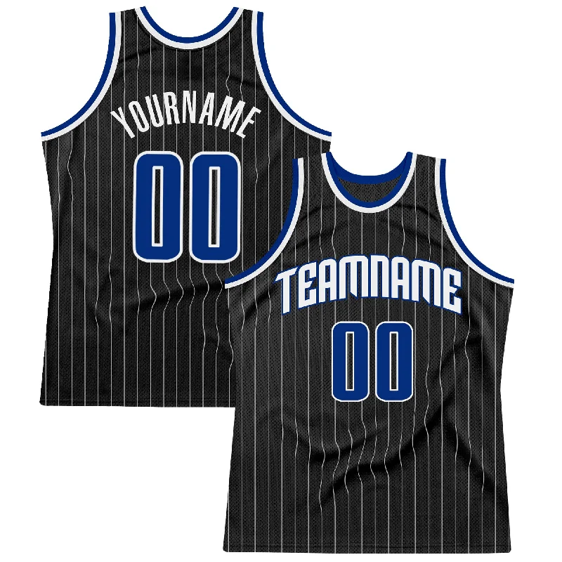 Custom Black White Pinstripe Royal-White Authentic Throwback Basketball Jersey