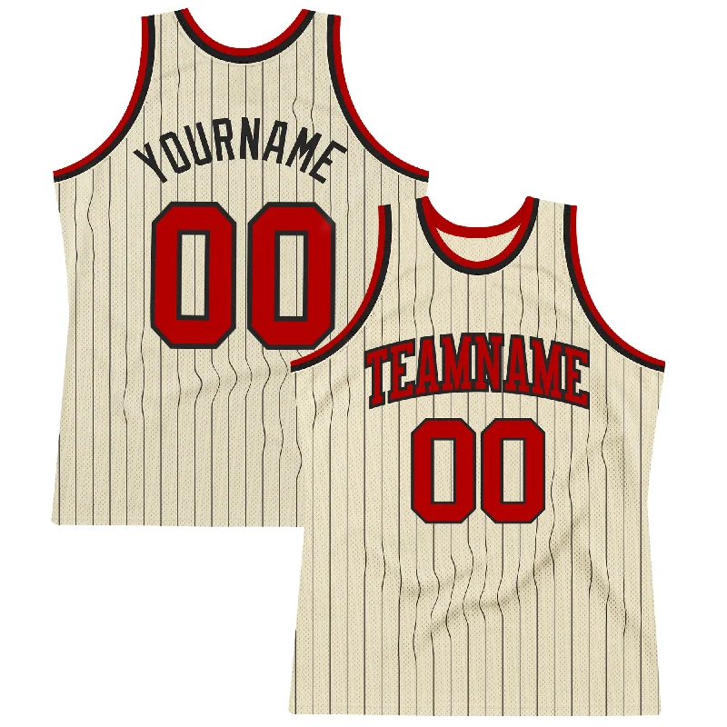 Custom Cream Black Pinstripe Red Authentic Basketball Jersey