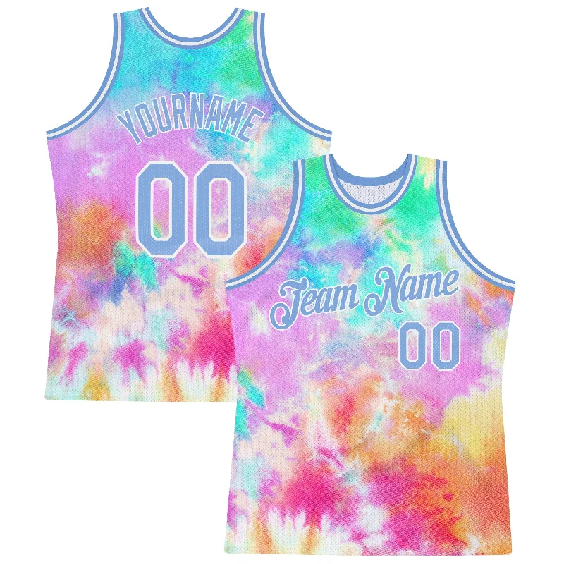 Custom Tie Dye Light Blue-White 3D Authentic Basketball Jersey