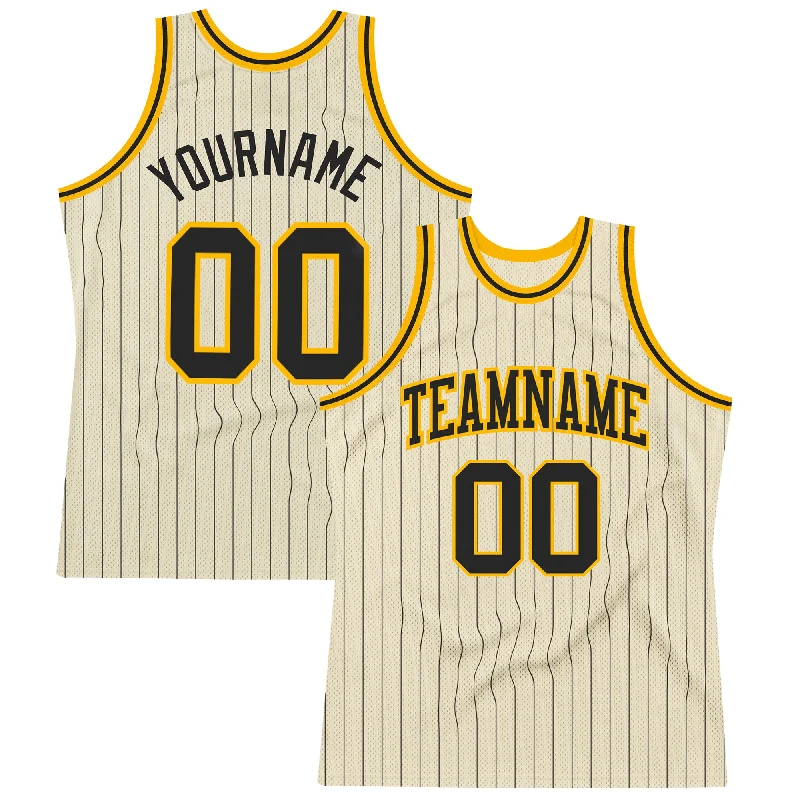 Custom Cream Black Pinstripe Black-Gold Authentic Basketball Jersey