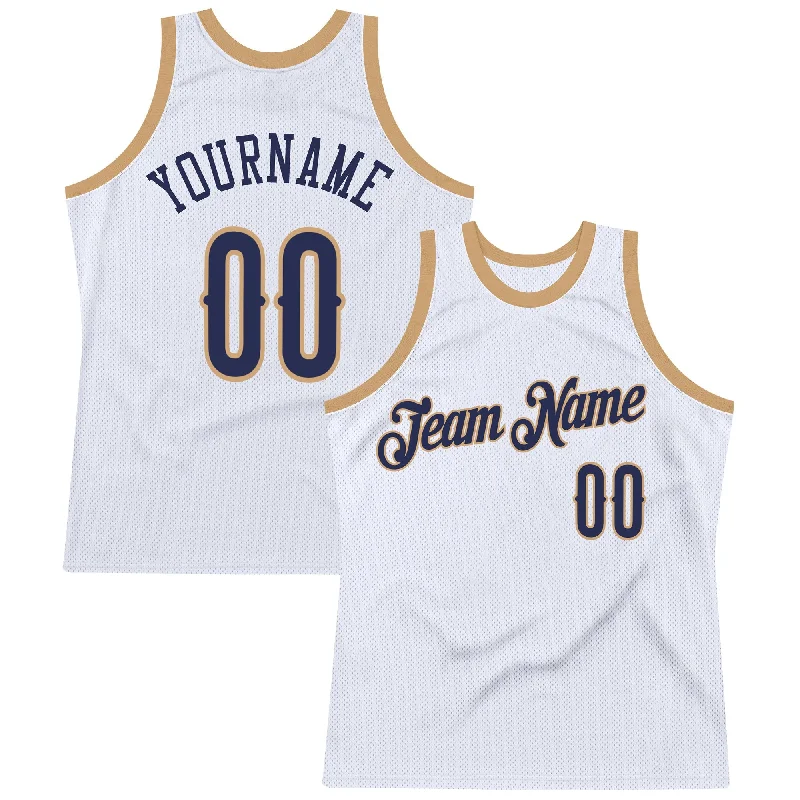 Custom White Navy-Old Gold Authentic Throwback Basketball Jersey