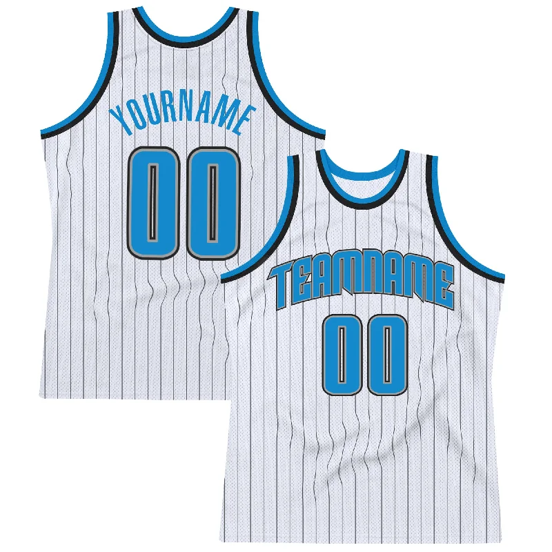 Custom White Black Pinstripe Blue-Gray Authentic Basketball Jersey