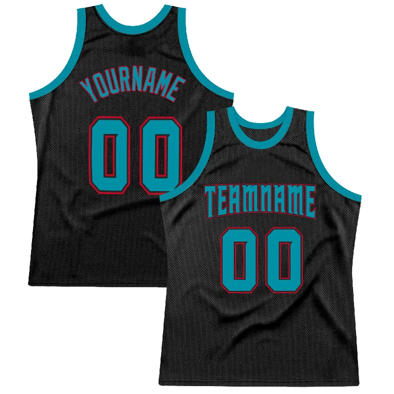 Custom Black Teal-Red Authentic Throwback Basketball Jersey