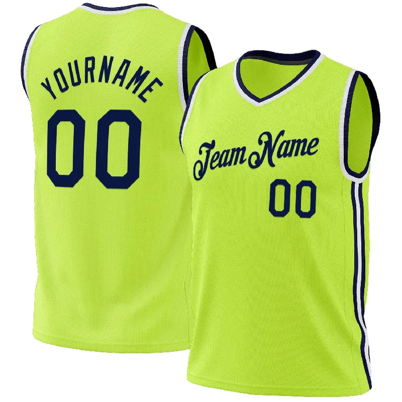 Custom Neon Green Navy-White Authentic Throwback Basketball Jersey