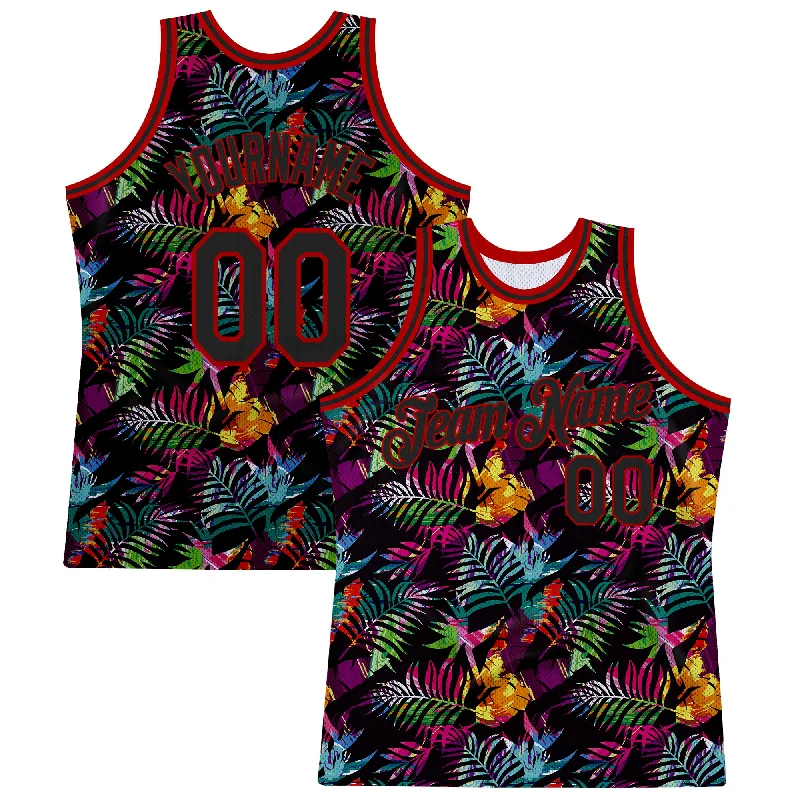 Custom Black Black-Red 3D Pattern Tropical Palm Leaves Authentic Basketball Jersey