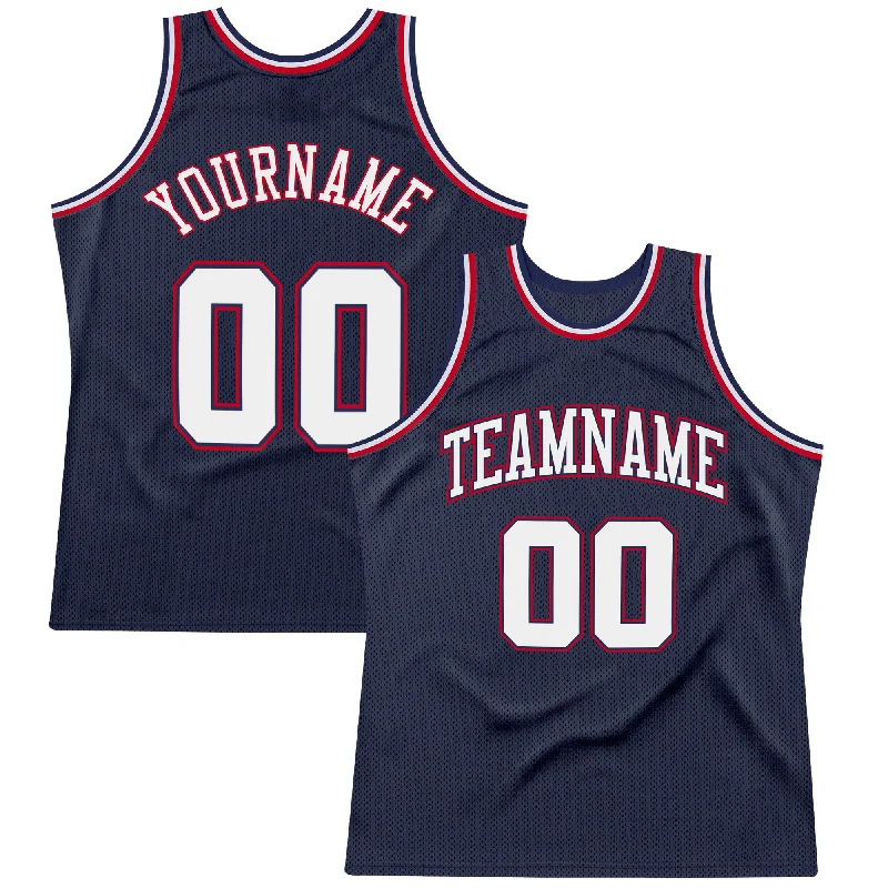 Custom Navy White-Red Authentic Throwback Basketball Jersey