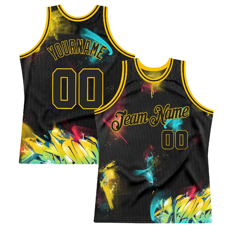 Custom Graffiti Pattern Black-Gold 3D Authentic Basketball Jersey