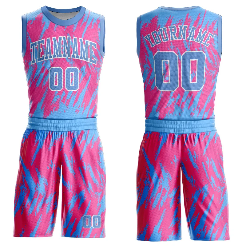 Custom Pink Light Blue-White Round Neck Sublimation Basketball Suit Jersey