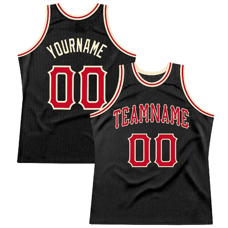 Custom Black Red-Cream Authentic Throwback Basketball Jersey