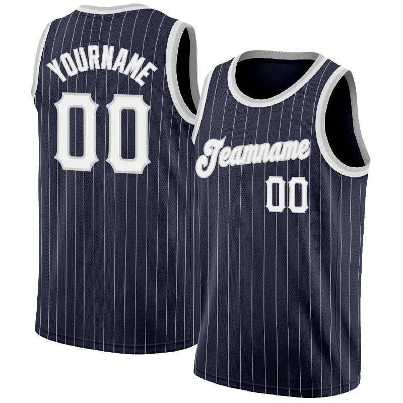 Custom Navy White Pinstripe White-Gray Authentic Basketball Jersey