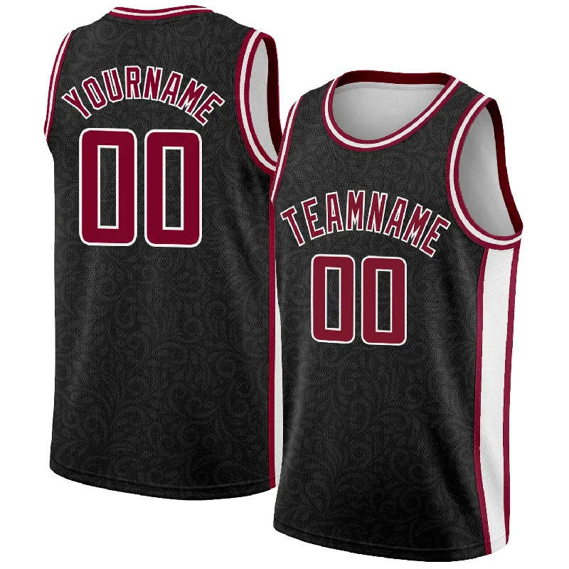 Custom Black Maroon-White Flower Authentic City Edition Basketball Jersey