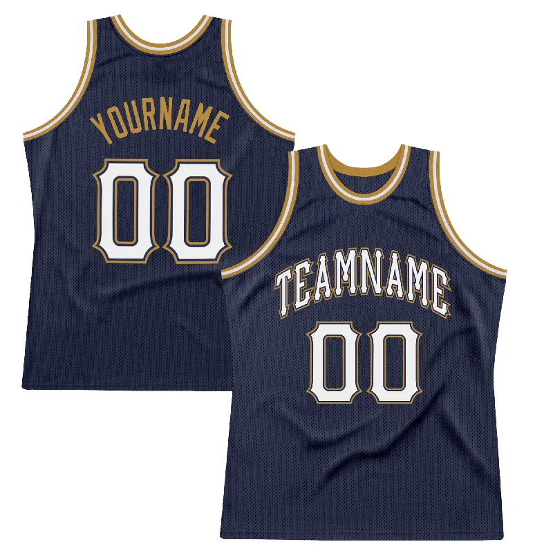 Custom Navy White-Old Gold Authentic Throwback Basketball Jersey