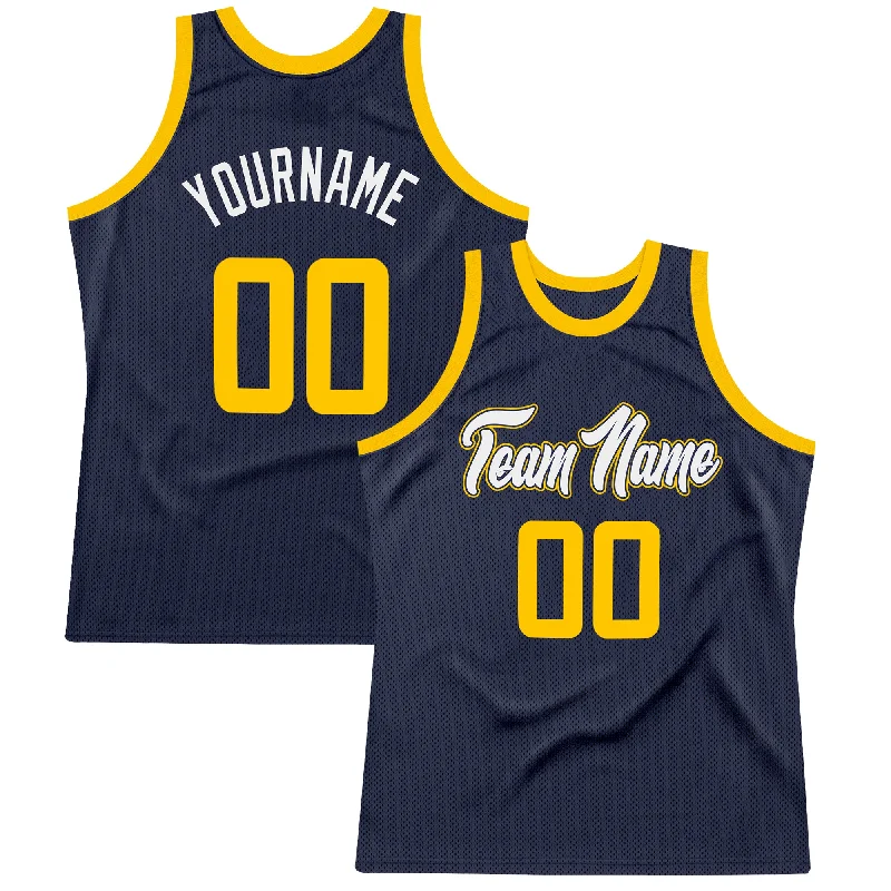 Custom Navy Gold-White Authentic Throwback Basketball Jersey