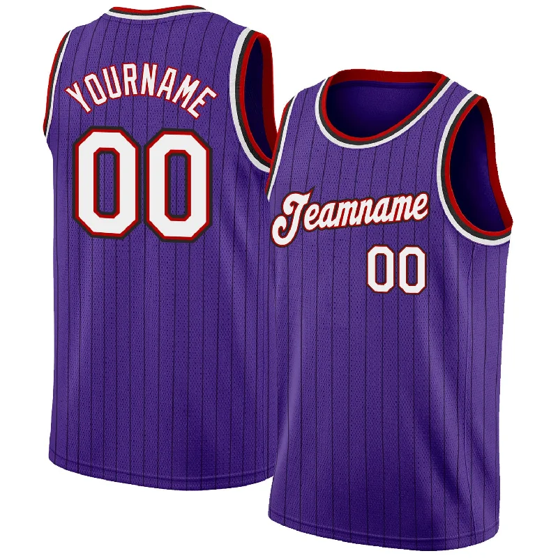 Custom Purple Black Pinstripe White-Red Authentic Basketball Jersey