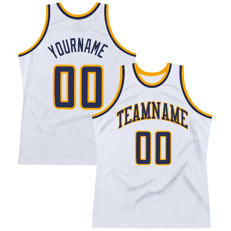 Custom White Navy-Gold Authentic Throwback Basketball Jersey