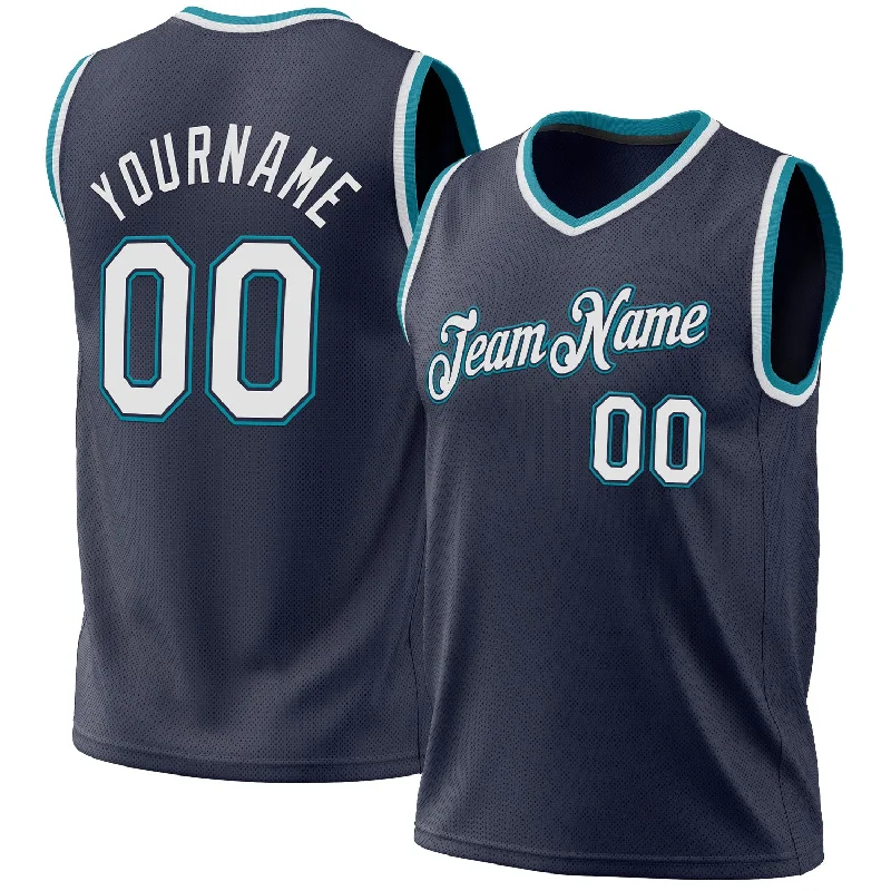 Custom Navy White-Teal Authentic Throwback Basketball Jersey