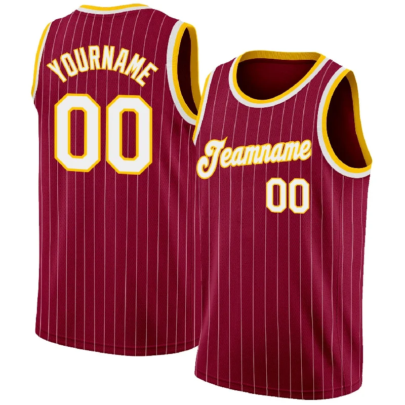 Custom Maroon White Pinstripe White-Gold Authentic Basketball Jersey