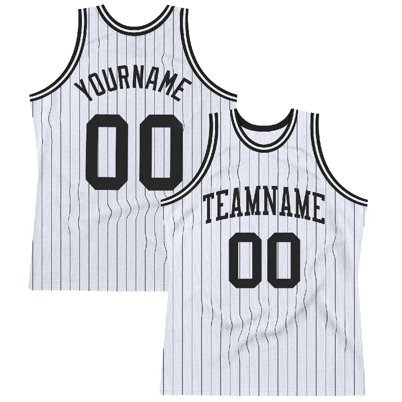 Custom White Black Pinstripe Black Authentic Basketball Jersey