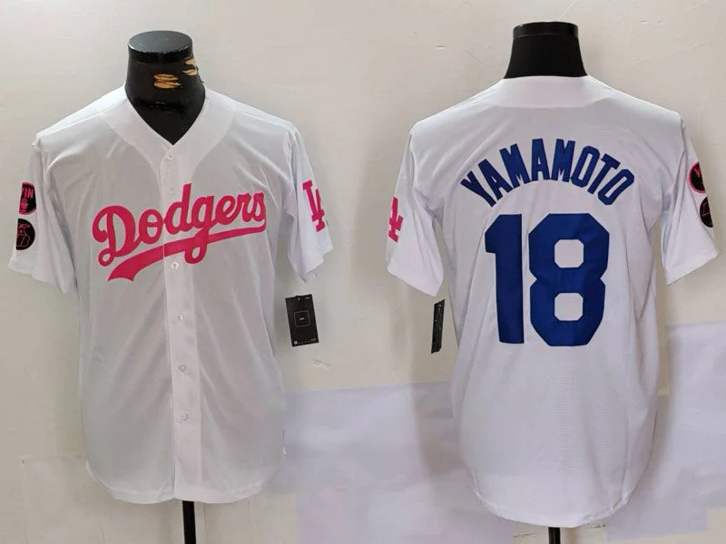 Los Angeles Dodgers #18 Yoshinobu Yamamoto White Pink Vin & Kobe Patch Stitched Baseball Jersey