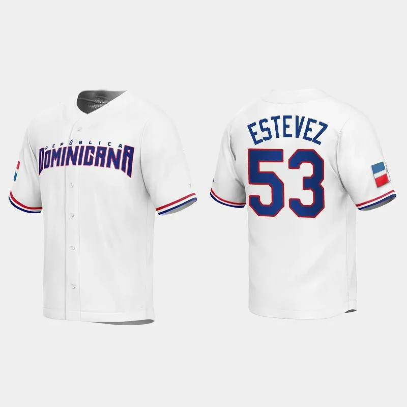 #53 CARLOS ESTEVEZ DOMINICAN REPUBLIC BASEBALL 2023 WORLD BASEBALL CLASSIC REPLICA JERSEY ¨C WHITE Stitches Baseball Jerseys