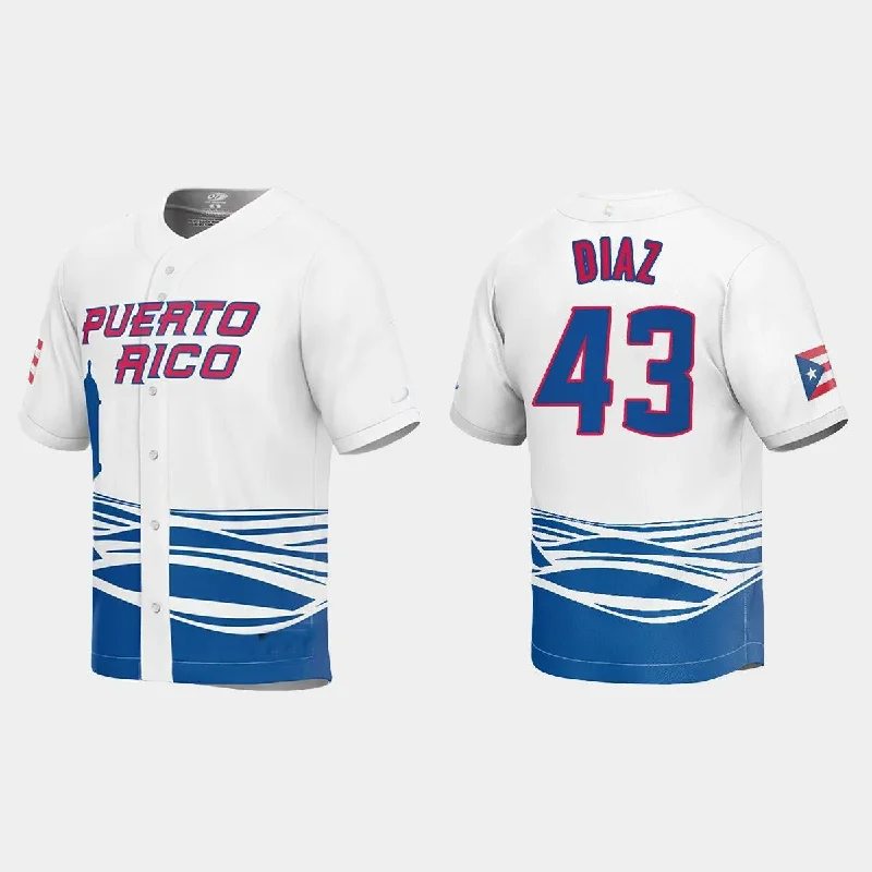 #43 ALEXIS DIAZ PUERTO RICO BASEBALL 2023 WORLD BASEBALL CLASSIC JERSEY ¨C WHITE Stitches Baseball Jerseys