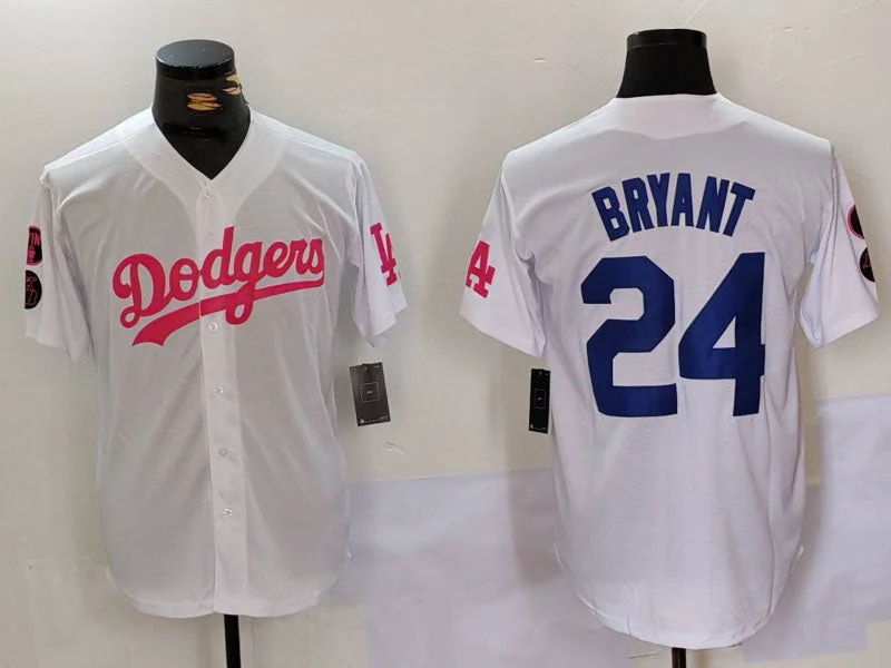 Los Angeles Dodgers #24 Kobe Bryant White Pink Vin & Kobe Patch Stitched Baseball Jersey