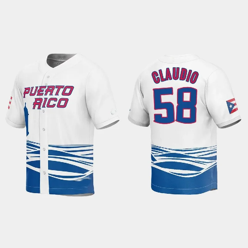 #58 ALEX CLAUDIO PUERTO RICO BASEBALL 2023 WORLD BASEBALL CLASSIC JERSEY ¨C WHITE Stitches Baseball Jerseys