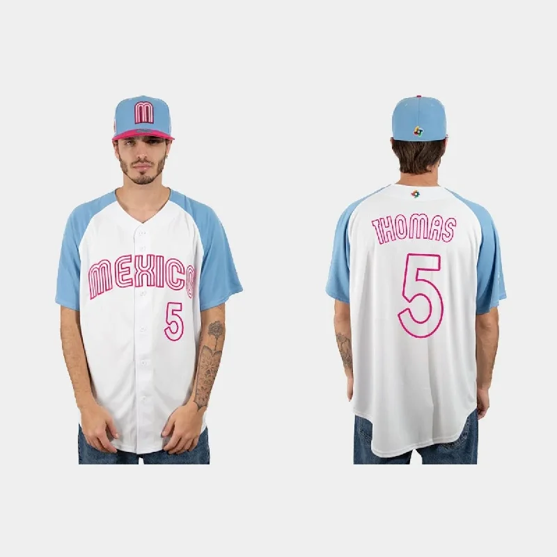 #5 ALEK THOMAS MEXICO BASEBALL 2023 WORLD BASEBALL CLASSIC JERSEY ¨C WHITE BLUE Stitches Baseball Jerseys