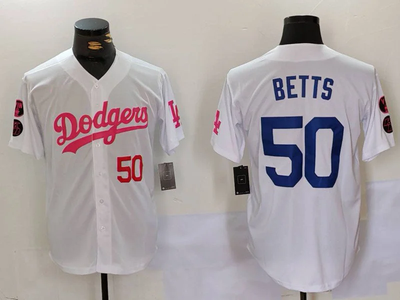 Los Angeles Dodgers #50 Mookie Betts White Pink Vin & Kobe Patch Stitched Baseball Jersey