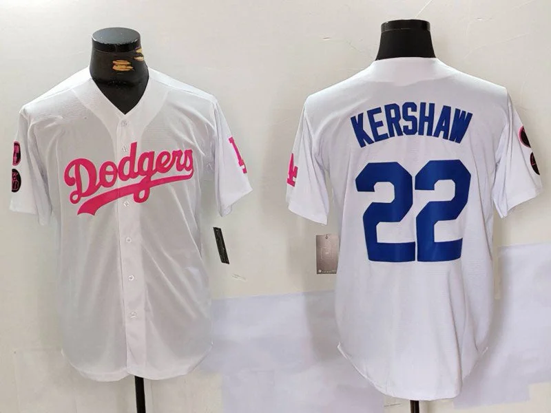 Los Angeles Dodgers #22 Clayton Kershaw White Pink Vin & Kobe Patch Stitched Baseball Jersey