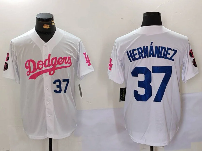 Los Angeles Dodgers #37 Teoscar Hernández White Pink Vin & Kobe Patch Stitched Baseball Jersey