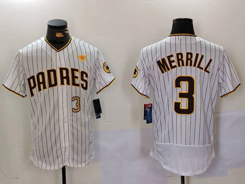 San Diego Padres #3 Jackson Merrill White With PS Patch Stitched Flex Base Baseball Jersey