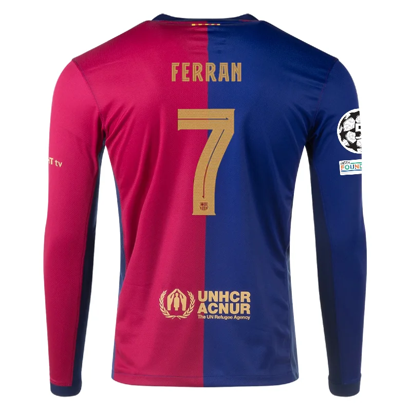 Nike Barcelona Ferran Torres Home Long Sleeve Jersey w/ Champions League Patches 24/25 (Royal/Nobel Red/Club Gold)