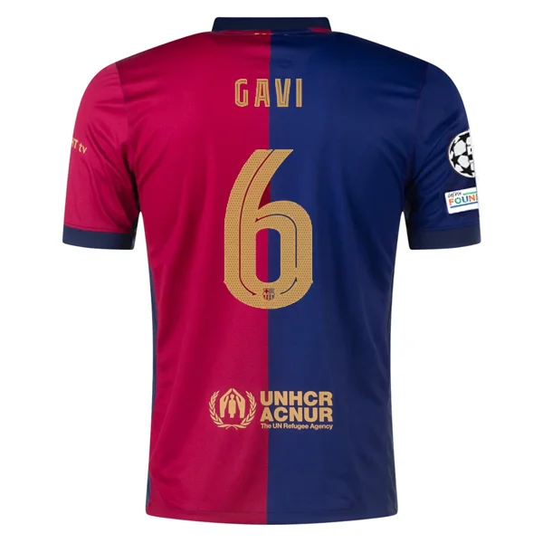 Nike Barcelona Gavi Home Jersey w/ Champions League Patches 24/25 (Deep Royal/Noble Red/Club Gold)