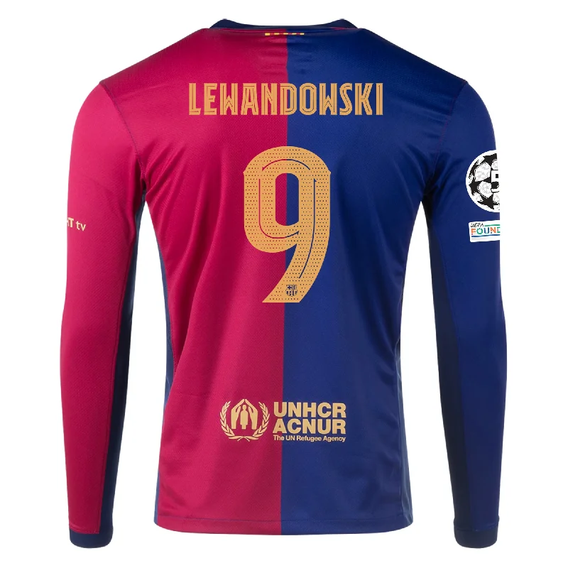 Nike Barcelona Home Robert Lewandowski Long Sleeve Jersey w/ Champions League Patches 24/25 (Royal/Nobel Red/Club Gold)