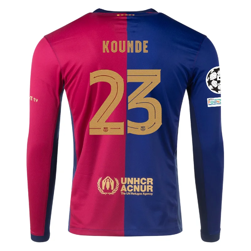 Nike Barcelona Jules Koundé Home Long Sleeve Jersey w/ Champions League Patches 24/25 (Royal/Nobel Red/Club Gold)