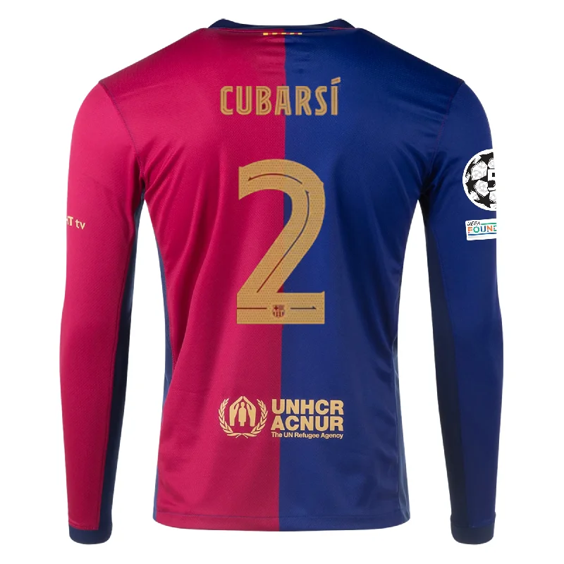 Nike Barcelona Pau Cubarsí Home Long Sleeve Jersey w/ Champions League Patches 24/25 (Royal/Nobel Red/Club Gold)