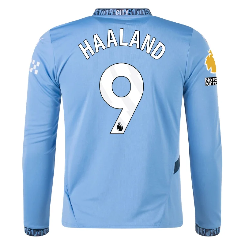 Puma Manchester City Erling Haaland Home Long Sleeve Jersey w/ EPL + No Room For Racism Patch 24/25 (Team Light/Marine Blue)