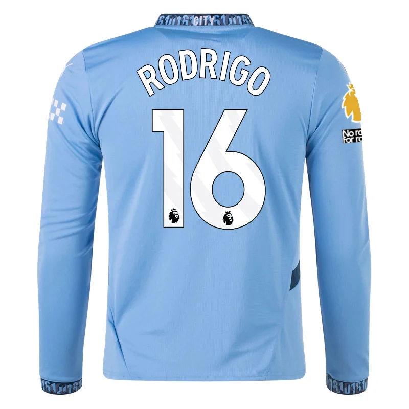 Puma Manchester City Rodrigo Home Long Sleeve Jersey w/ EPL + No Room For Racism Patch 24/25 (Team Light/Marine Blue)